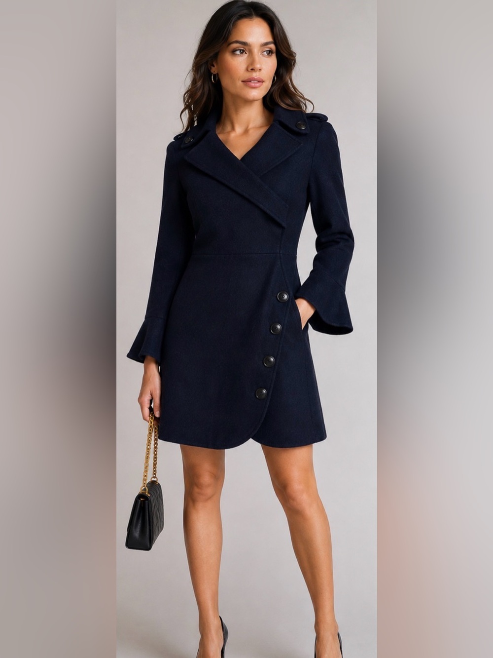 Marc Jacobs Navy Wool Military Coat Dress Asymmetrical Button Bell Sleeve Size 4